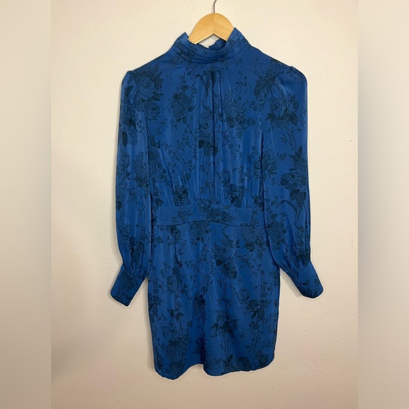 G.P.D. Mirabel Blue Floral Long Sleeve Mini Dress Mock Neck Open Back Size 2 - Picture 3 of 10